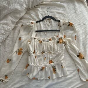 Reformation Cream Blouse with Orange Floral Long sleeve